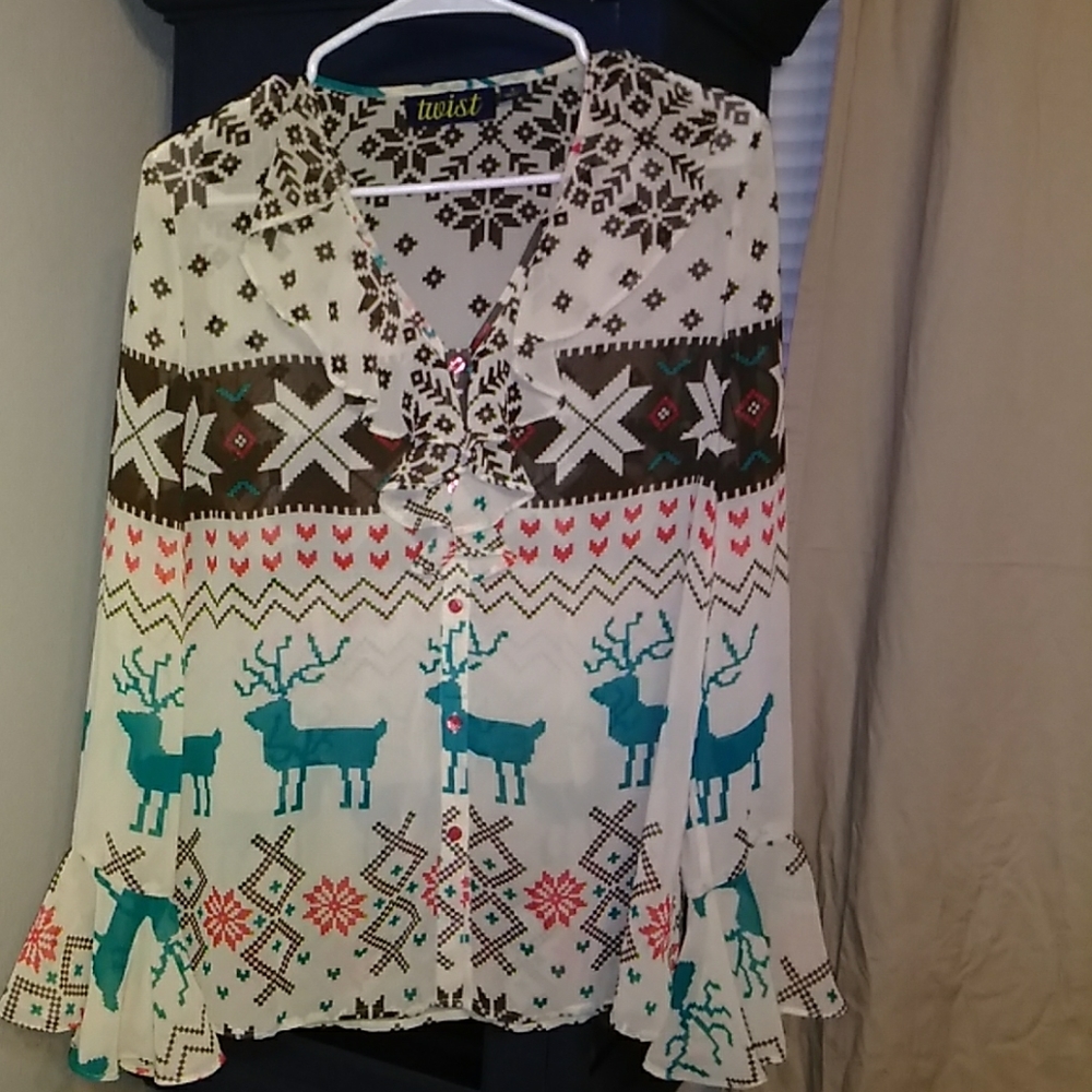 Sheer reindeer button up blouse